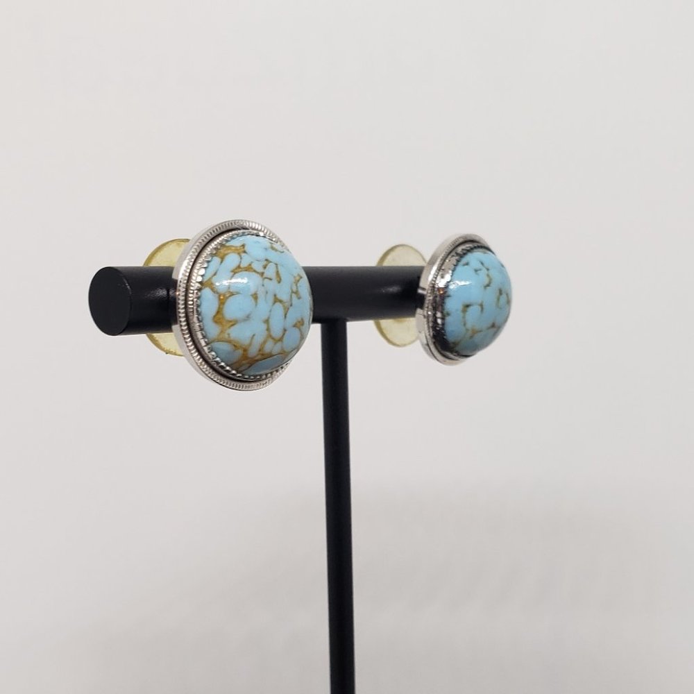 Vintage Blue Turquoise Silver Round Stud Earrings - Picture 6 of 7